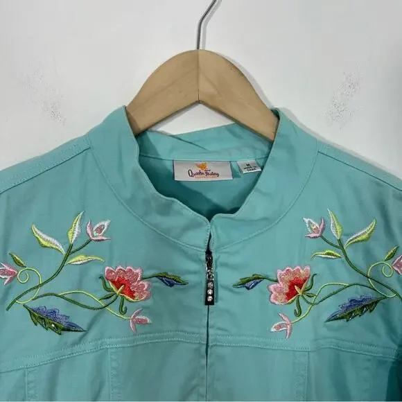 Quacker Factory Embroidered Mandarin Collar Stretch Jacket Turquoise Aqua Size M - Picture 3 of 14